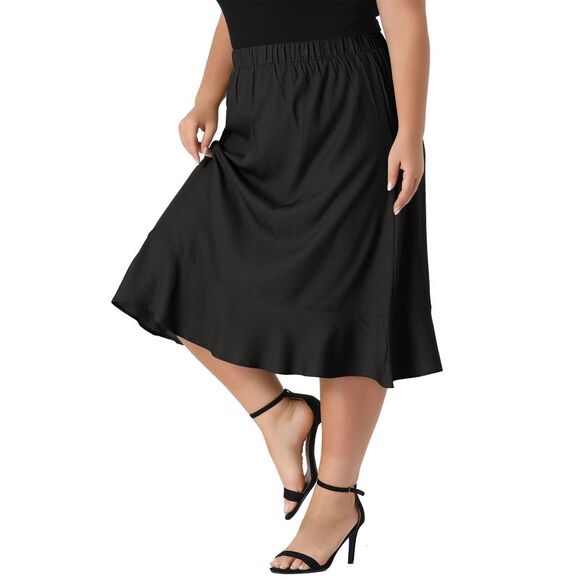 Plus Size Midi Elastic Waist Denim Pleated Hem Chambray Skirts Black - Picture 1 of 6